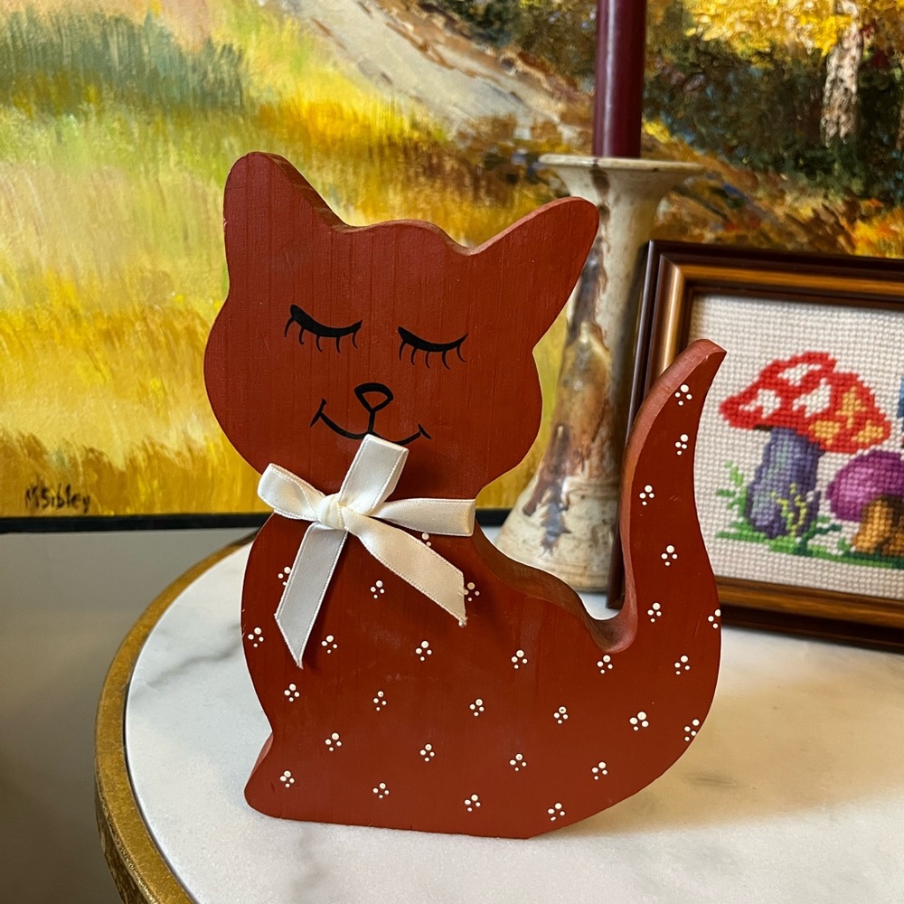 Hand Painted Standing Wooden Cat Figurine With Neck Bow Cute Sweet Red